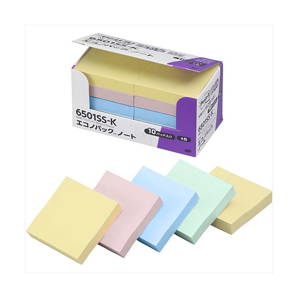 3M Post-it ポストイット エコノパック 強粘着ノート パステル 4色混色 3M-6501SS-K 強力な粘着力で、色鮮やかなパステルカラーが魅力のエコ...