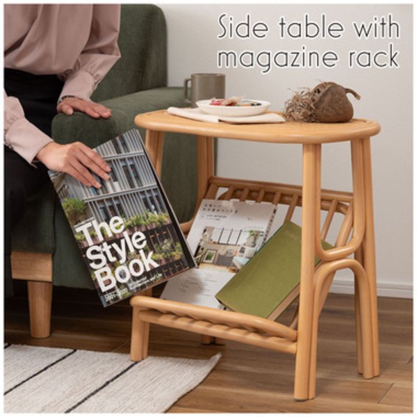 マガジンラック付きサイドテーブル エンドテーブル コーナーテーブル 小型 脇台 机 ナチュラル （約W50×D30×H50cm） 完成品 ナチュラルな雰囲気漂うサイドテーブルには、便利なマガジンラックが付いています 幅50cm、奥行30cm、高さ50cmの完成品で、お部屋をスタイリッシ