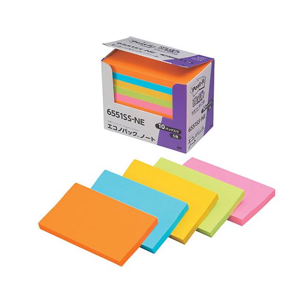 3M Post-it ポストイット エコノパック 強粘着ノート 5色混色 3M-6551SS-NE 強力な粘着力を持つ5色混色のエコノパック 便利なポストイット...