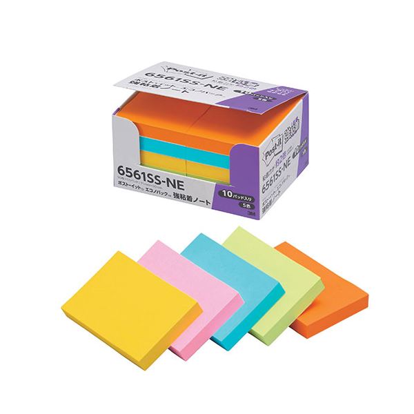 3M Post-it ポストイット エコノパック 強粘着ノート ネオンカラー 混色 3M-6561SS-NE 輝く色彩の強粘着メモ ネオンカラーの魅力が詰まった...