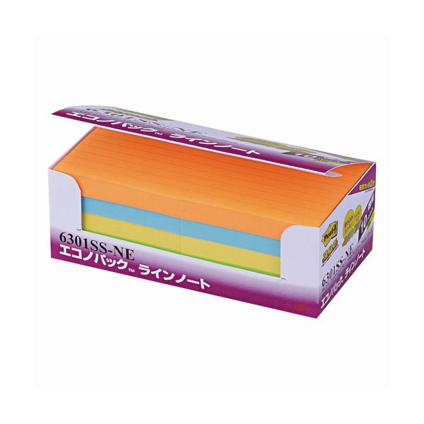(まとめ) 3M ポストイット エコノパック 強粘着ノート ラインノート 75×75mm ネオンカラー5色 6301SS-NE 1パック(10冊) 【×2セット...