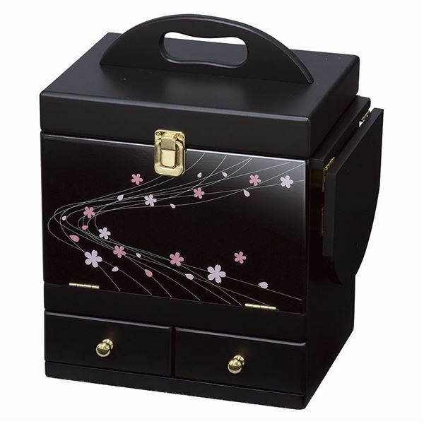 コスメボックス メイクボックス 幅26cm 蒔絵調 ブラック 持ち手 引き出し ミニテーブル 机 三面鏡付き ベッドルーム リビング 黒 美しき桜舞い散る収納の...
