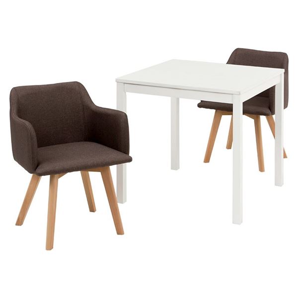 ダイニングセット 3点 ダイニングテーブルセット テーブル 机 75×75cm 正方形 ホワイト×1 肘付きチェア (イス 椅子) ブラウン×2 木製 お客様組立品 リビング キッチン 台所 白 茶 自然の風合い溢れる木製ダイニングセット 広々とした正方形の白いテーブルと、ブラウンの