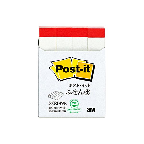 (まとめ) 3M ポストイット ふせん小 再生紙スタンダードカラー 75×14mm ホワイト(赤帯入) 560RP-W/R 1パック(4冊) 【×30セット】 ...