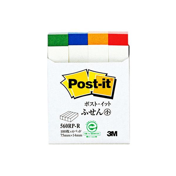 (まとめ) 3M ポストイット ふせん小 再生紙スタンダードカラー 75×14mm ホワイト(4色帯入) 560RP-R 1パック(4冊) 【×30セット】 白...