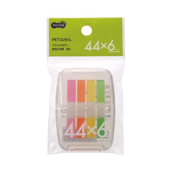(まとめ) TANOSEE PETふせん ケース付 44×6mm ブライトカラー4色 1セット 【×100セット】 色とりどりのフィルムタイプふせん、ケース付き...