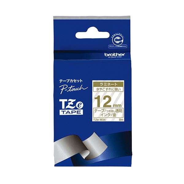 (まとめ) ブラザー ピータッチ TZeテープ(マットテープ) 12mm つや消し 透明/金文字 TZE-M34 1個 【×5..