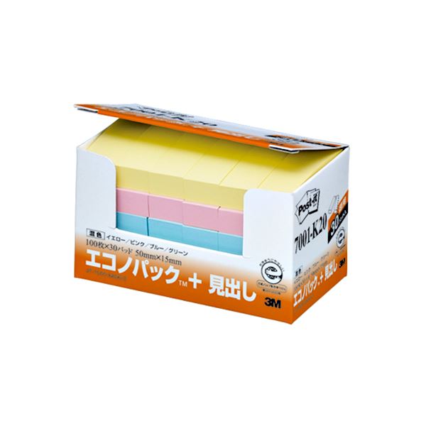(まとめ) 3M ポストイット エコノパック 見出し 再生紙 50×15mm 混色 7001-K20 1パック(30冊) 【×10セット】 色とりどりの再生紙で...