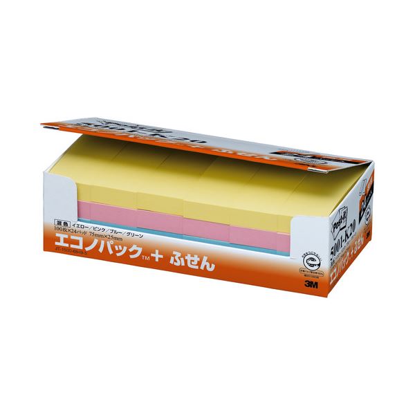 (まとめ) 3M ポストイット エコノパック ふせん 再生紙 75×25mm 4色 5001-K20 1パック(24冊) 【×5セット】 再生紙で環境にやさしい...