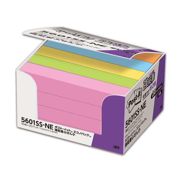 (まとめ) 3M ポスト・イット 強粘着エコノパック ふせん 小 75×14mm ネオンカラー 5色混色 5601SS-NE 1パック(20冊) 【×10セット...