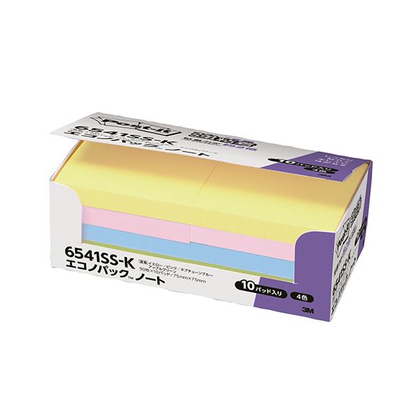 (まとめ) 3M ポストイット エコノパック 強粘着ノート 75×75mm パステルカラー4色 6541SS-K 1パック(10冊) 【×5セット】 便利なメモ...