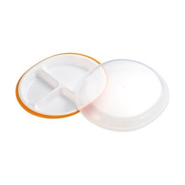 (まとめ)小森樹脂 フタ付ランチプレート「楽弁」丸型 (円形 ラウンド) オレンジ 1個【×10セット】 簡単に盛りつけられる フタ付きランチプレート『楽弁』丸...