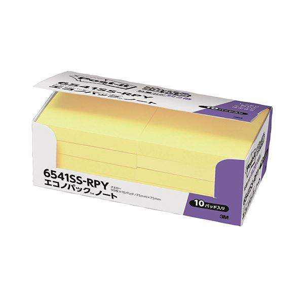 (まとめ) 3M ポストイット エコノパック 強粘着ノート 75×75mm イエロー 6541SS-RPY 1パック(10冊) 【×5セット】 黄 驚きのエコノ...