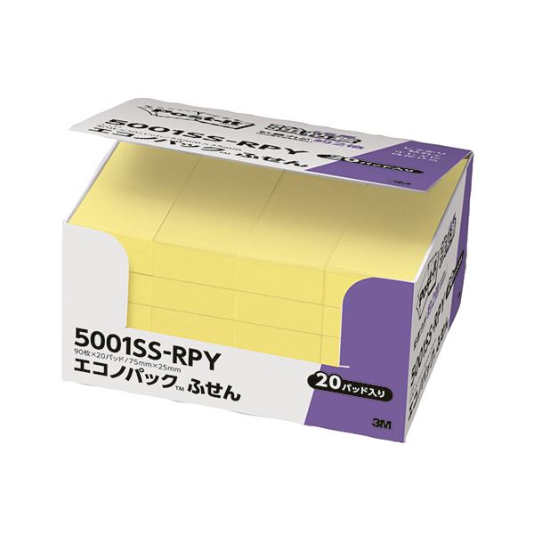 (まとめ) 3M ポストイット エコノパック 強粘着ふせん 75×25mm イエロー 5001SS-RPY 1パック(20冊) 【×5セット】 黄 強力な粘着力...