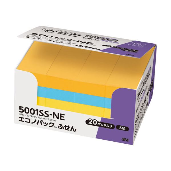 (まとめ) 3M ポストイット エコノパック 強粘着ふせん 75×25mm ネオンカラー5色 5001SS-NE 1パック(20冊) 【×5セット】 超強力 色...