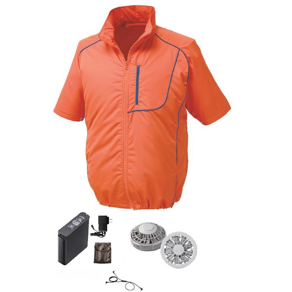 KU91720 空調服 R ポリエステル製半袖ブルゾン FAN2200G・RD9261・LIPRO2セット オレンジ×ネイビー 5L ..