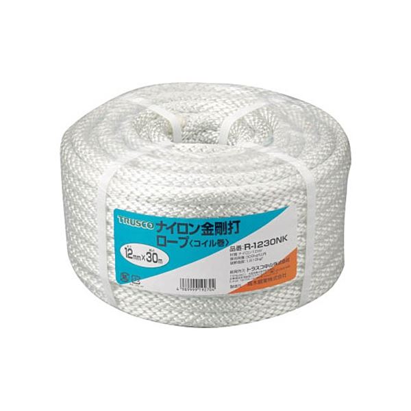 TRUSCO ナイロン金剛打ロープ 12mm×30m コイル巻 R-1230NK 1巻 高い耐久性 頑丈 なナイロンロープで、金剛のような打撃力を持つ 12mm×30mのコイル巻きで、R-1230NKが1巻 あらゆる場面で頼りになる、金剛打タイプのロープ