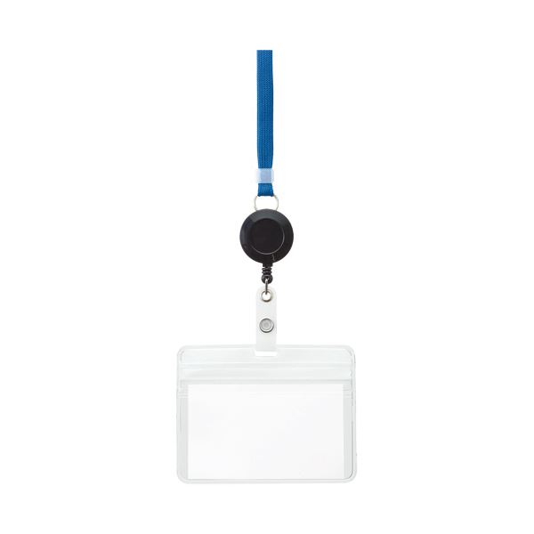 （まとめ） TANOSEE リール式吊下げ名札防水チャック付 青 1個 【×10セット】 自在に伸縮する 便利なリ..