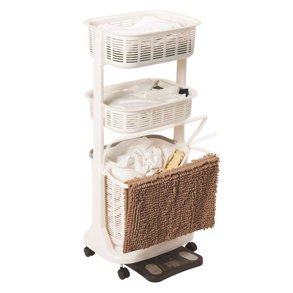 ランドリーバスケット/洗濯かご 【3段】 幅49.5cm 折りたたみ バスマットハンガー付き 日本製 国産 サンコープラスチック 【お客様組立品】 スムーズに組み立てられる 収納も楽々 キャスター付きランドリーバスケット【3段】幅49.5cm 折りたたみ式 バスマットハンガーも付