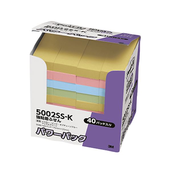 3M ポスト・イット パワーパック強粘着ふせん 75×25mm 4色混色 パステルカラー 5002SS-K 1パック(40冊) 強力な粘着力で、樹脂面や垂直面に...
