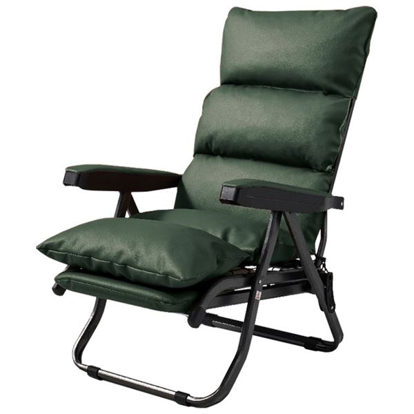 リクライニングチェア (イス 椅子) パーソナルチェア グリーン 肘付き フットレスト付き 張地 合成皮革 緑 贅沢なくつろぎを提供する、エレガントな肘掛パッド付き腰掛け椅子 (イス チェア) リクライニング機能とフットレストが付いており、高級感溢れる合成皮革の張地が魅