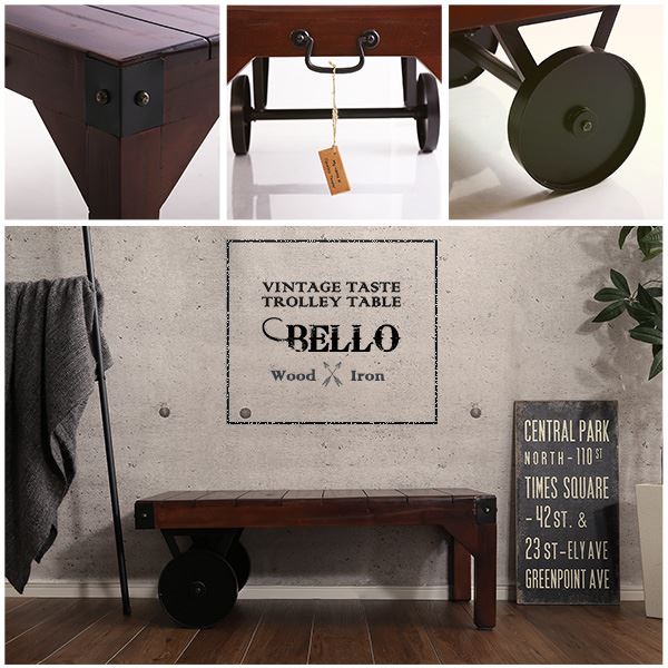 シックなヴィンテージスタイル!レトロな車輪付きテーブル【Bello-ベッロ】完成品・幅90cmブラウン茶