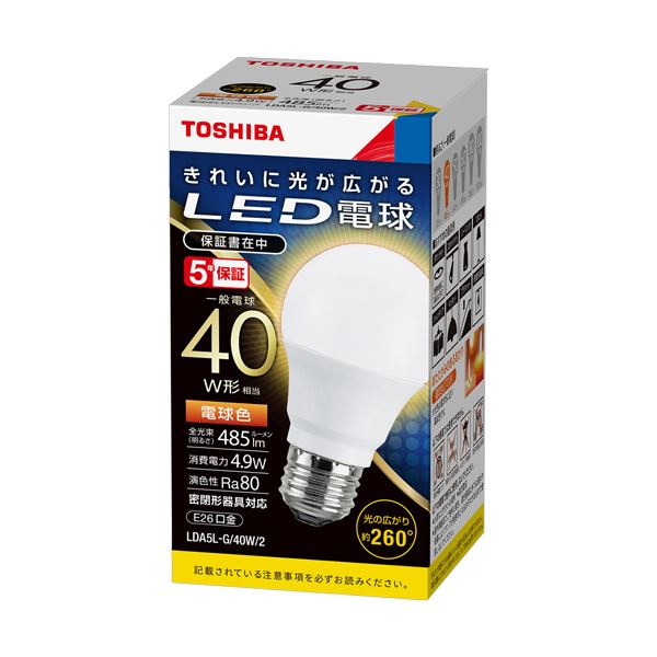 （まとめ）東芝ライテック LED電球 一般電球形 E26口金 4.9W 電球色 LDA5L-G/40W/2 1個 【×10セット】 省エネライフを手軽に 明るくて節電なLED電球 一般電球形で取り付け簡単 4.9Wで40W相当の電球色 1個のパックで10個セット