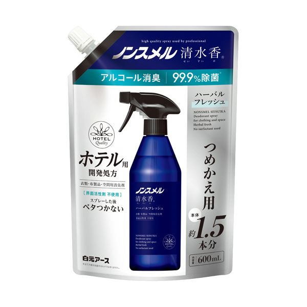 （まとめ）白元アース ノンスメル 清水香 ハーバルフレッシュの香り つめかえ用 600ml 1パック 【×5セット】 プロが厳選した消臭効果抜群のホテル仕様 速乾タイプで驚きの消臭力 清涼感溢れるハーバルフレッシュの香りで、白元アースノンスメルのつめかえ用600mlを5パック