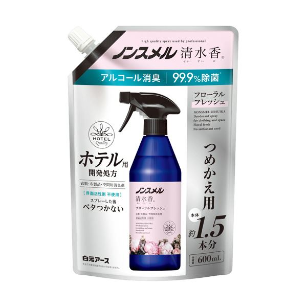 （まとめ）白元アース ノンスメル 清水香 フローラルフレッシュの香り つめかえ用 600ml 1パック 【×5セット】 プロが厳選した消臭効果抜群のホテル仕様 速乾タイプで驚きの消臭力 フローラルフレッシュの香りで癒しの空間を演出 つめかえ用600ml×5パックでお得