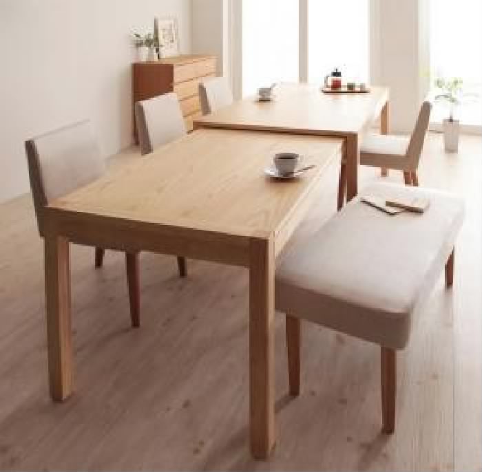 機能系テーブル 机 ダイニングセット 6点 ダイニングテーブルセット (テーブル +チェア (イス 椅子) 4脚+ベンチ1脚) スライド伸縮テーブル ダイニング( 机幅 :W135-235)( 素材色 : ブラウン 茶 )( イス色＋ベンチ色 : アイボリー 乳白色4脚＋アイボリー 乳白色 )