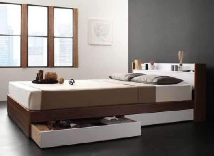 ベッド 収納付きベッド 棚・コンセント付き収納ベッド ウォルナット×ホワイト ブラック