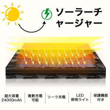 【楽天1位 67連冠】 モバイルバッテリー 大容量 24000mAh ソーラーチャージャー ソーラー充電器 急速充電 QuickCharge 2USB出力ポート SOS IPX6防水 耐衝撃 防災グッズ 旅行 通勤 アウトドア iPhone/iPad/Android対応 機内持込