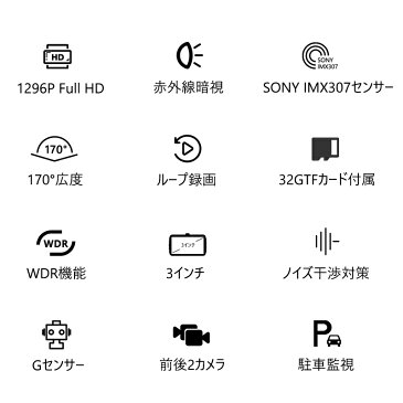 【P20倍★5/20限定】【Sonyセンサー&赤外線暗視】ドライブレコーダー 前後カメラ 2カメラ 1296P Full HD 300万画素 ドラレコ 駐車監視 170度広角 ループ録画 動体検知 暗視 WDR 衝撃録画 常時録画 上書き録画 Gセンサー あおり運転対策 Joyhouse