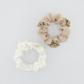 フラワーリング ミニシュシュ ローズ×レース 2個セット ベージュ HHS0585-BE