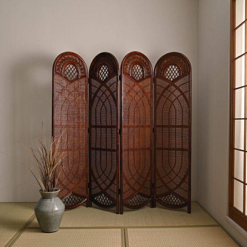 ラタン スクリーン 間仕切り 4連サンフラワーラタンパーテーション おしゃれ 折りたたみ 衝立 目隠し、日差しよけ 通気性 軽い