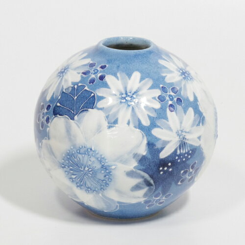 ゆずりは 丸花入(花器) 藍彩白絵花 45264 [2]
