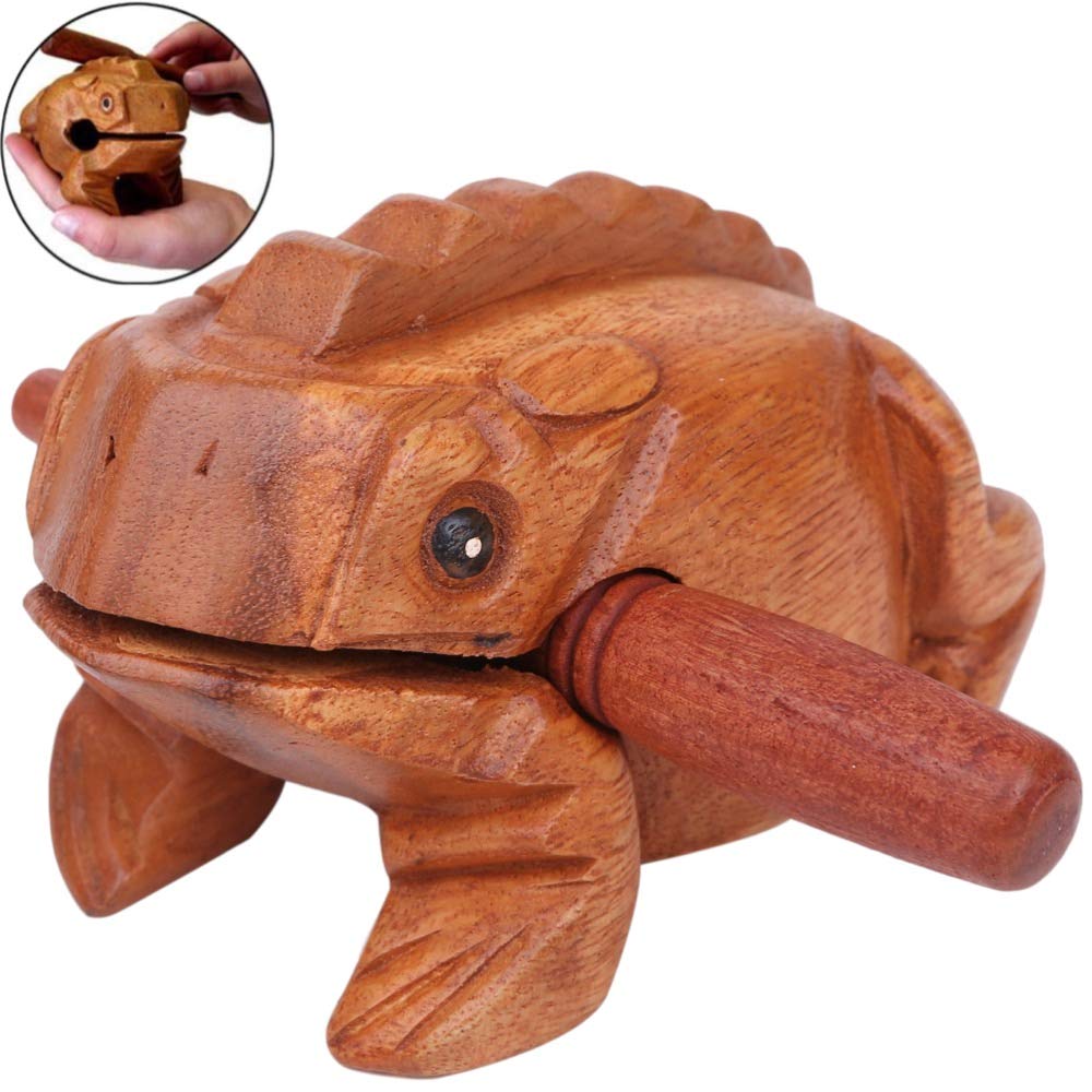 木製 カエル ミニ ギロ ドラム パーカッション 打 楽器 かえる 鳴き声 縁起物 タイ アジア モーコック 4XL 18cm x 10cm x 10cm