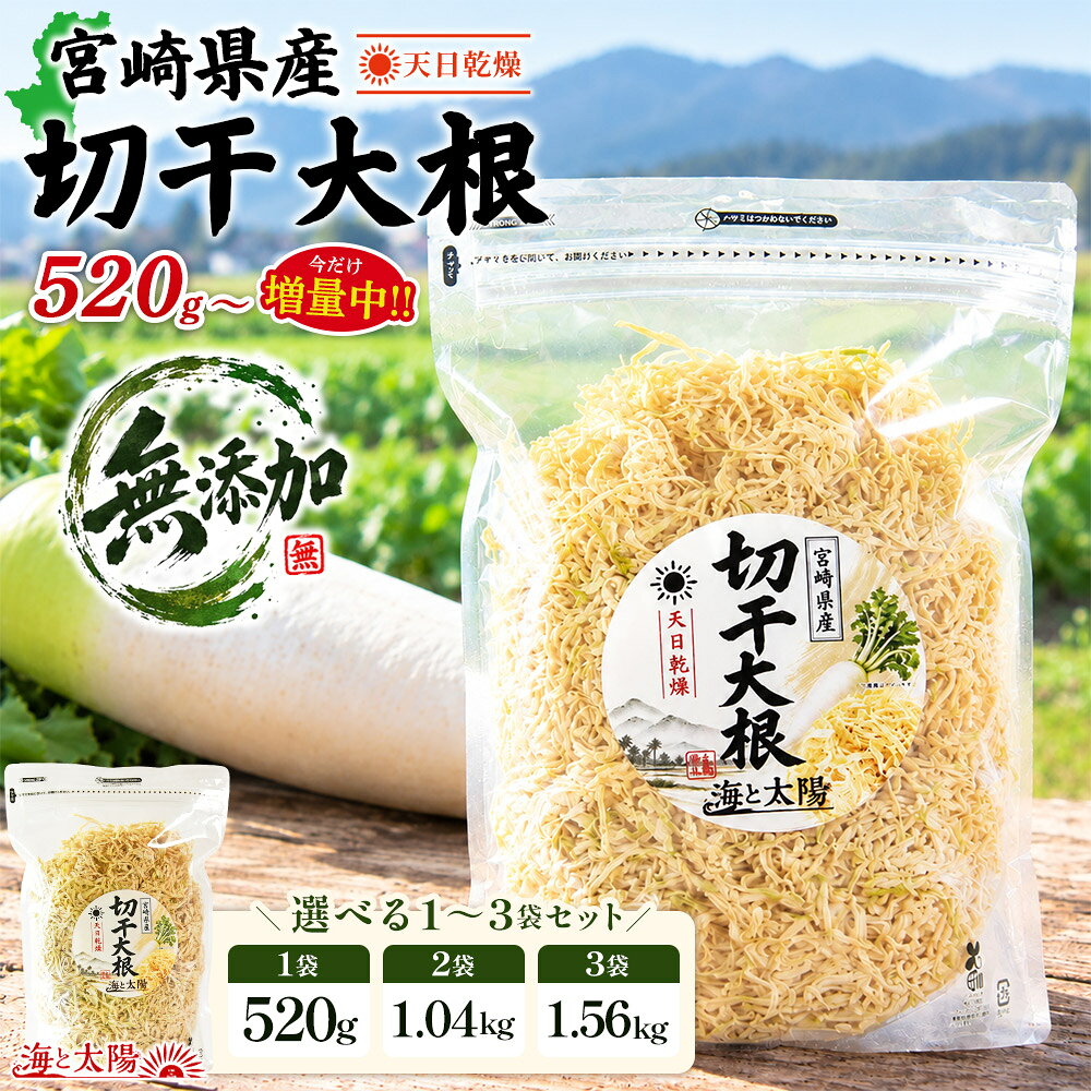 【今だけ増量】＼新登場記念SALE／宮崎県産切干大根 1袋あたり520g（500g+20g） 選べる 1袋 2袋 3袋 大容量 送料無料 天日干し 切干し大根 切り干し大根 せん切り大根 千切り大根 業務用 保存食 無添加 着色料・保存料不使用 料理 国産 チャック付 宅配便 海と太陽 乾燥野菜 yummy39-10001064 おいしいものショップ「海と太陽」 パッケージ画像