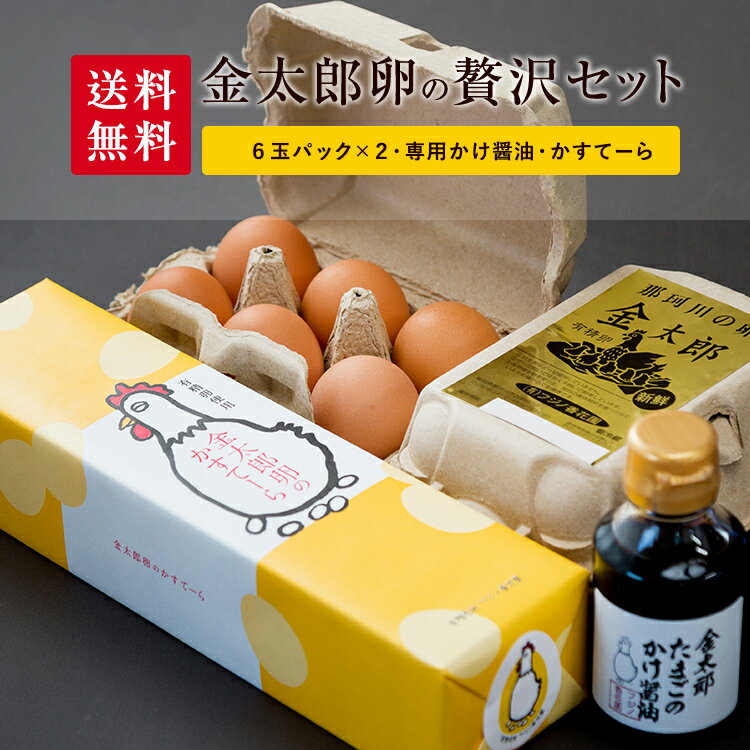 ［クーポン配布中］【送料無料】金太郎たまご贅沢セット［金太郎たまご6玉入×2パック＋専用かけ醤油＋カステラ］＜世界基準 有精卵 平飼い 有用微生物 最高級品位 産地直送 健康 那珂川市 地下水 送料無料 ギフト 国産 たまご 自然卵 縁起＞のサムネイル