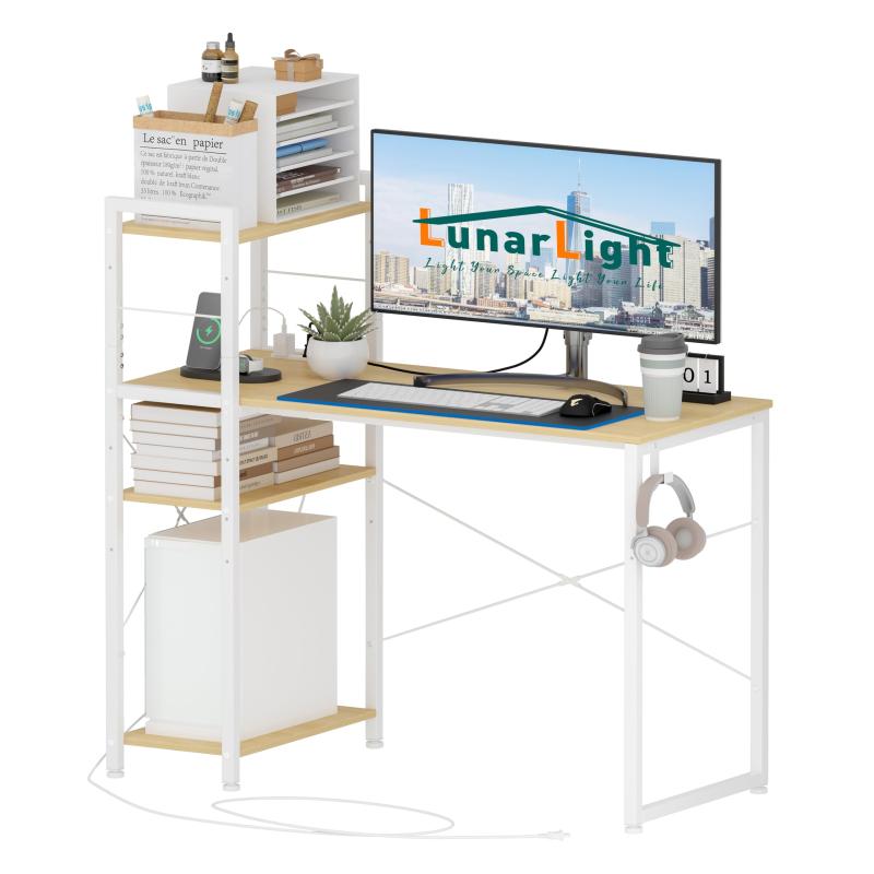 LunarLight PCパソコンデスク幅110*奥行48*高さ110cm テレワーク 左右組み換え自由 棚板高さ調節可能 コンセント付き ラック付きデスク 110幅収納たっぷり ゲーミングデスク オフィスデスク 書斎
