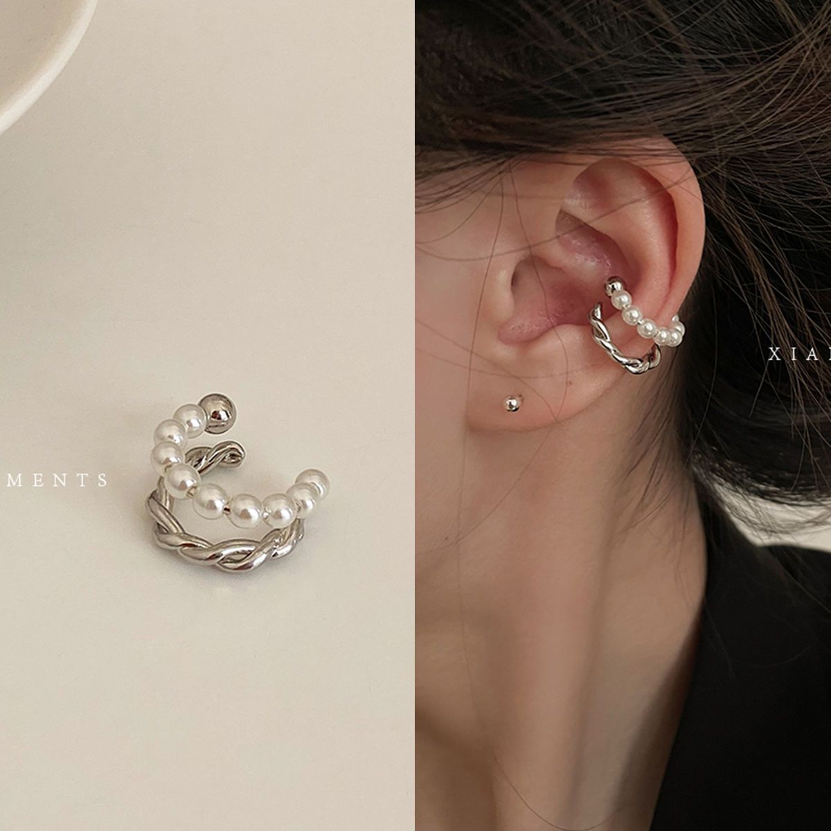 「スーパーSALE半額」【新品 2個★1490円★】イヤーカフ フェイクパール 二重 ピアス穴不要 シンプル 片耳 スリム シルバー イヤリング ゴールド プレ...