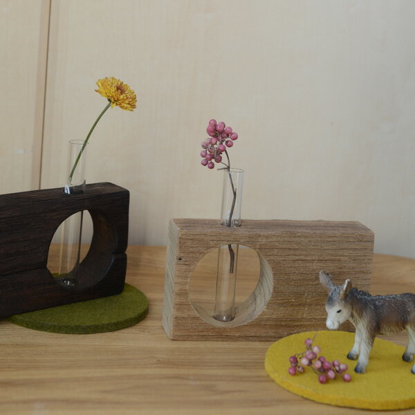 *スーパーセール限定特価『フラワーベース古材 フルムーン横同色2個セット』( 一輪挿し 木製 チーク ガラス 花器 花瓶 花 ドライフラワー グリーン 植物 飾...