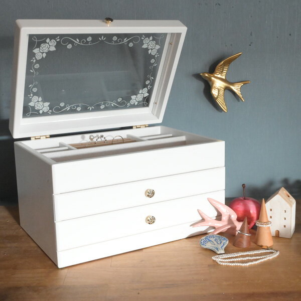 乐天商城 - 『 木製ジュエリーボックス 3段 白』置き型 アクセサリー 収納 大容量 引き出し おしゃれ かわいい バラ ローズ ホワイト エレガント アクセサリーケース アクセサリーボックス ジュエリーケース ジュエルボックス ジュエルケース 小物入れ 日本製 母の日 誕生日 プレゼント