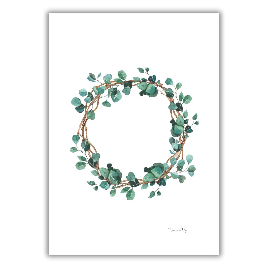 「ユーカリ　リース」　ポスター　ポストカード　ミニポスター　はがき　植物　水彩　インテリア　北欧..