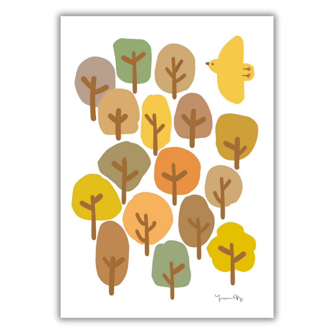 「秋の森」ポスター　ポストカード　ミニポスター　はがき　インテリア　北欧　韓国　もみじ　秋　黄色..