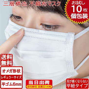 マスク お試し10枚セット オメガ形状 平ゴム仕様 在庫あり マスク 白 国内発送 ホワイト平紐 平ひも オメガ プリーツ 三層構造 防塵抗菌 使い捨て 男女兼用 レギュラーサイズ 3層保護 吊り耳 不織布マスク 花粉症対策 立体 折りたたみ 大人用 送料無料