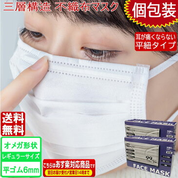 オメガデザイン 平ゴム仕様 在庫あり 即納 耳が痛くならない マスク 白 100枚 日本製 マスクに負けない品質 ホワイト平紐 平ひも オメガ プリーツ 三層構造 防塵抗菌 使い捨て 男女兼用 レギュラーサイズ 3層保護 吊り耳 不織布マスク 立体 大人用 送料無料 あす楽