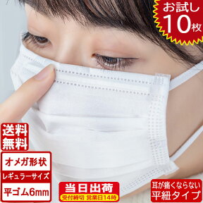 ダブルワイヤー再入荷 マスク お試し10枚セット オメガ形状 平ゴム仕様 個包装 マスク 白 国内発送 ホワイト平紐 平ひも オメガ プリーツ 三層構造 防塵抗菌 使い捨て 男女兼用 レギュラーサイズ 3層保護 不織布マスク 花粉症対策 立体 大人用 送料無料