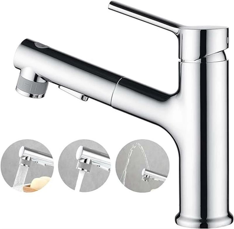 洗面蛇口 噴水機能付き 浴室用水栓 洗面 洗髪用 混合水栓 ホース引出し式 シングルレバー混合栓 3way出水モード 泡沫水流 シャワー水流 クロムメッキ