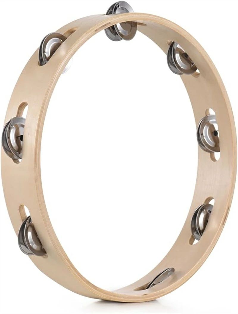 タンバリン、10インチ タンバリン 大人用 心地よいジングルサウンド 手回しベルリング 木製 ナチュラルカラー メタルベルサウンド 打楽器 家庭 学校 パーティー用品 単列 木製タンバリン